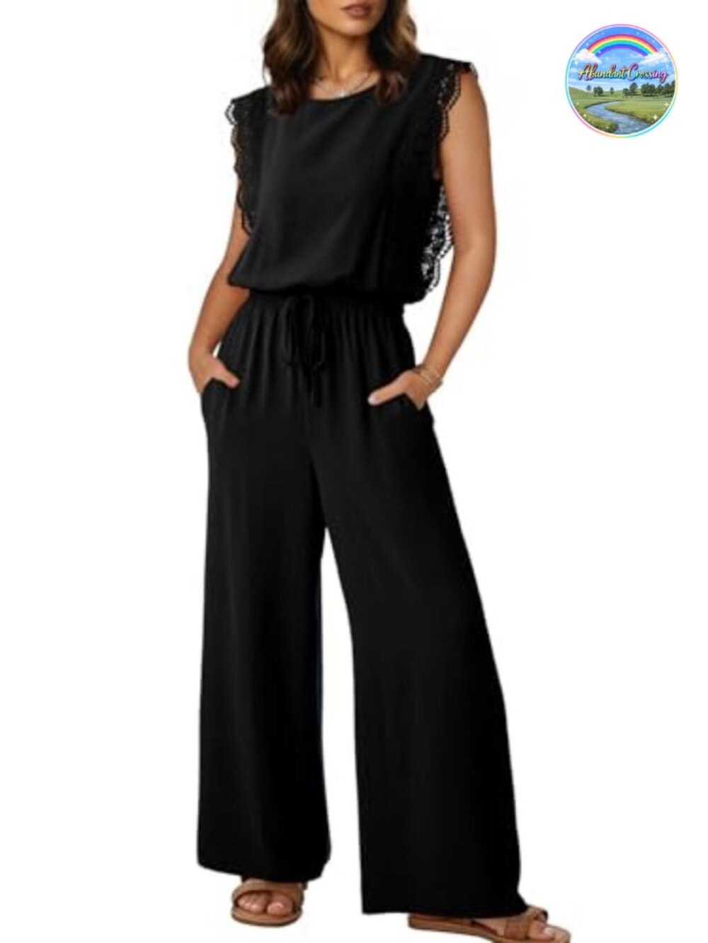 Lace Trim Cap Sleeve Wide Leg Jumpsuit Romper with Pockets